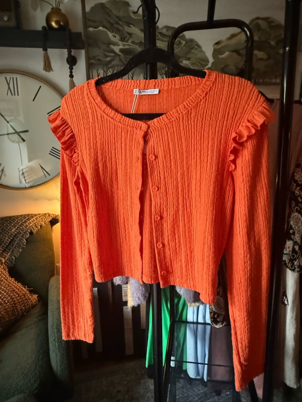 Zara Vibrant Orange Ribbed Button Cardigan with Ruffle Shoulders - Picture 6 of 11